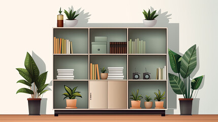 Wardrobe or shelves placed in the living room for storage purposes. Folders, potted plants, and illustrations design
