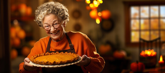 Grandmother old lady holding a pumpkin pie, copyspace, wide banner, fall autumn season, Thanksgiving holiday - Powered by Adobe