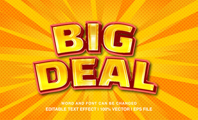 Big deal editable text effect template, 3d bold cartoon yellow glossy typeface, premium vector