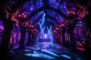 Halloween haunted house interior, indoor event, scary attraction, blue hallway, spotlights