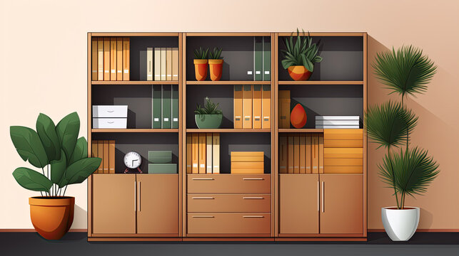 Wardrobe or shelves placed in the living room for storage purposes. Folders, potted plants, and illustrations design