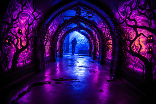 Halloween haunted house interior, indoor event, scary attraction, hallway