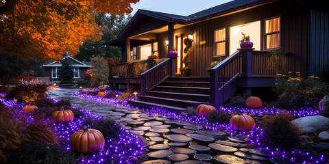 Home decorated for Halloween, purple lights and orange pumpkins, wide, holiday yard decor, exterior seasonal decorations