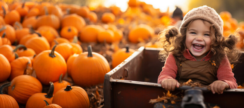 Girl riding in wagon through pumpkin patch, fall autumn season, fun activity, copyspace, wide banner