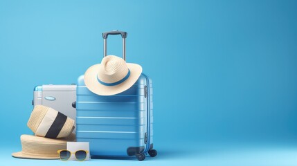 Obraz premium baggage travel. Blue suitcase with travel accessories such as sunglasses, hat and camera on light blue background.