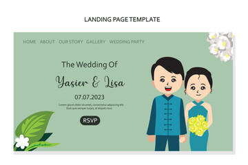 Landing page design template for wedding invitation with cute couple. Vector illustration.