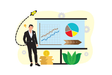 Businessman and graph on screen. Vector illustration in flat style.