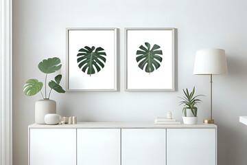 Two blank picture frame mockup in home interior design. Living room, commode with lamp, tropical plant and vases. Calming gentle brown style