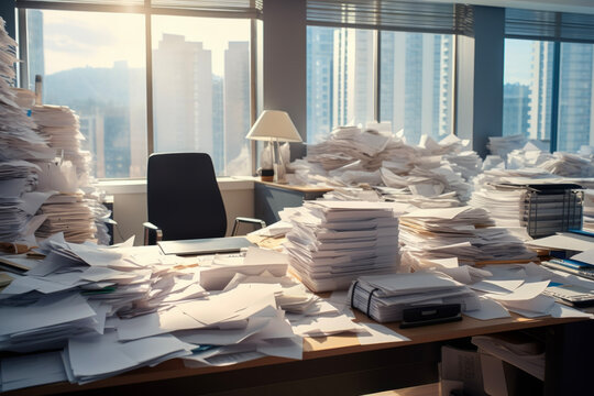 The workplace on office desk surrounded by a pile of documents. Business concept of work and hard work.