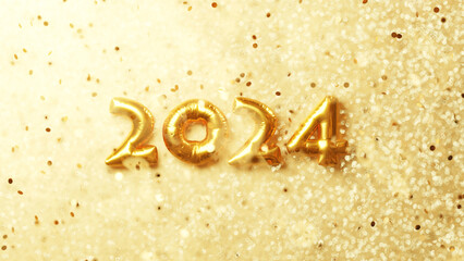 2024の金色のバルーンの数字。キラキラした背景と紙吹雪。新年、年賀状素材。（横長）