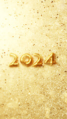 2024の金色のバルーンの数字。キラキラした背景と紙吹雪。新年、年賀状素材。（縦長）