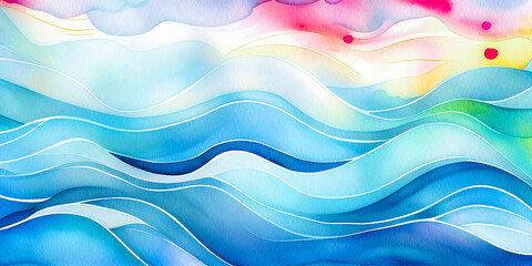 Colorful ocean wave and sun abstract illustration, tropical art texture background. Impressionist pastel blue, pink, yellow backdrop. Watercolor water wave illustration for travel, cruise vacation