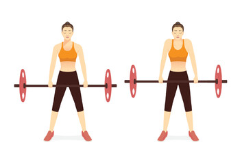Fototapeta na wymiar Sport woman doing exercise with barbell shoulder shrugs pose by weight bar. How to Free weight exercise at the shoulder weight lifting equipment.