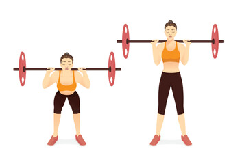 Woman doing Barbell workout in good morning barbell pose by weight Bar. Free weight exercise target on shoulder, back, hip, and arm with equipment.