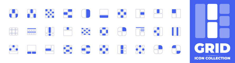 Grid icon collection. Duotone style line stroke and bold. Vector illustration. Containing layout, grid lines, apps, site map, bottom view, grid, bars, footer, and more. - obrazy, fototapety, plakaty