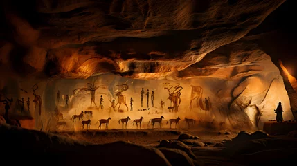 Foto op Canvas A primitive man stands at the cave opening, gazing at intricate ancient cave paintings inside a large cavern © Sunshine Design
