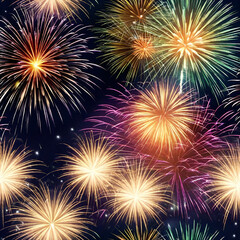 Fototapeta premium Fireworks celebration for New Years and 4th of July Independence Day celebrational background featuring various colored fireworks explosions