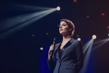 Confident Businesswoman in Suit Giving Motivational Speech on Stage