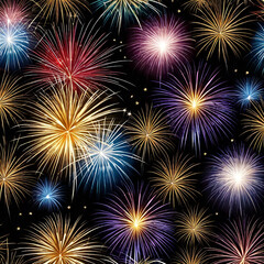 Fototapeta premium Fireworks celebration for New Years and 4th of July Independence Day celebrational background featuring various colored fireworks explosions