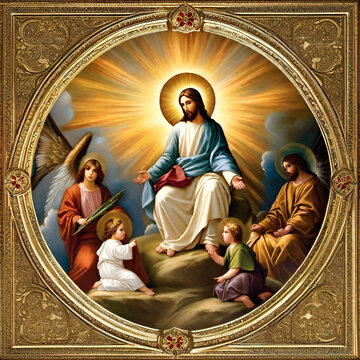 Jesus and His angels with cross showing religious values and heavenly depiction