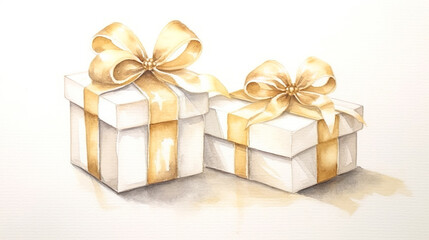 Obraz premium 金色リボンのプレゼント箱の水彩イラスト