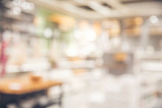Blurred background shopping mall light bokeh business event in retail store. Blurry abstract background of store grocery. Blur Convention hall center audience present display goods products on shelf.