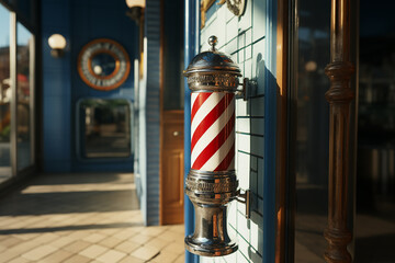 Generative AI Image of Barbershop Pole Sign Attached to a Wall of Building - obrazy, fototapety, plakaty
