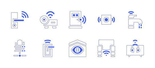 Smart house icon set. Duotone style line stroke and bold. Vector illustration. Containing alarm, faucet, smart tv, door lock, projector, servers, lock, door, smartphone.