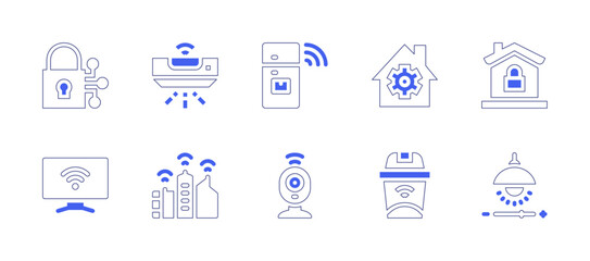 Smart house icon set. Duotone style line stroke and bold. Vector illustration. Containing smart tv, smart city, fridge, cctv, home automation, home security, trash, smart lock, light, air conditioner.
