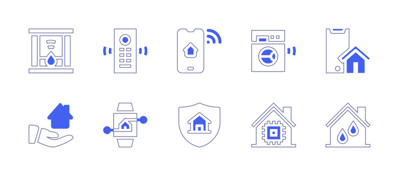 Smart house icon set. Duotone style line stroke and bold. Vector illustration. Containing smartphone, shield, share, smartwatch, washing machine, smarthome, cpu, humidifier, fireplace, remote control.