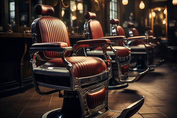 Generative AI Image of Vintage Style Barber Chairs in Barbershop - obrazy, fototapety, plakaty
