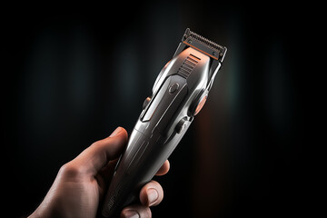 Generative AI Image of Hand Holding Electric Hair Clipper for Hairdressers on Dark Background