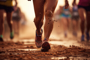 Close-Up Shots of Legs and Feet with Sneakers Running in Race through Mudwater, Generative AI