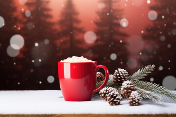 Obraz na płótnie Canvas Hot Chocolate Cup with Red Snow Christmas Pine Background - Festive Treat, Generative AI