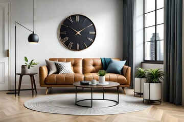 Modern living room interior with mock up poster frame, brown sofa, wooden coffee table, patterned rug, round clock, plants, beige ccurtain, desk and personal accessories. Home decor. Template.