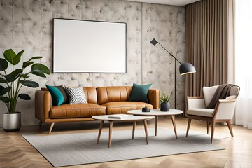 Modern living room interior with mock up poster frame, brown sofa, wooden coffee table, patterned rug, round clock, plants, beige ccurtain, desk and personal accessories. Home decor. Template.