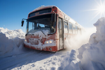 Passenger bus driving on a snowy road. Road Collapse Concept