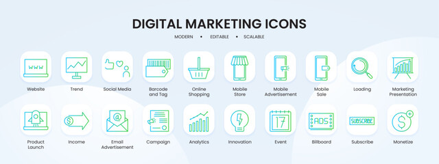 Digital marketing icon collection with blue and green gradient outline style. marketing, digital, social, media, business, internet, web. Vector Illustration
