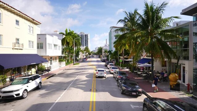 South beach Miami street, hotels, shops and apartments buildings. American beach vacation and tourism destination. Drone 4k. 