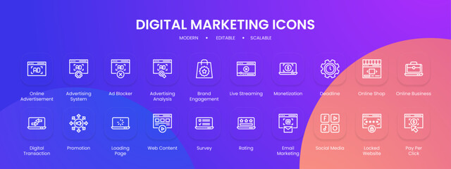 Digital marketing icon collection with black outline style. marketing, digital, social, media, business, internet, web. Vector Illustration