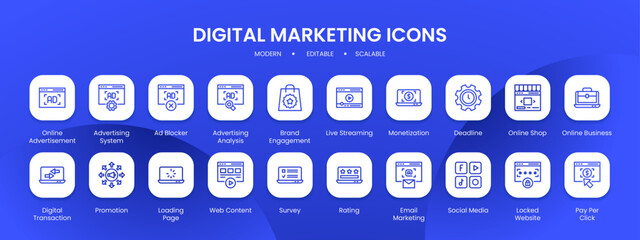 Digital marketing icon collection with black filled line outline style. marketing, digital, social, media, business, internet, web. Vector Illustration