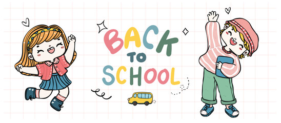 Back to School Cartoon Banner with Cute Doodle happy Students and Books