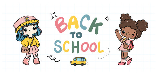 Cute doodle students, colorful books, and playful illustrations to bring smiles to young learners.