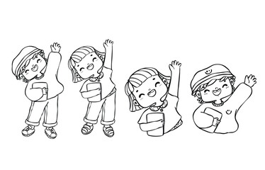 Happy Students Raising Hands with Books. cheerful Back to School Doodle Sketch