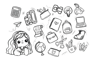 kawaii Back to School with Adorable student Girl. cute Hand Drawn Outlines on White
