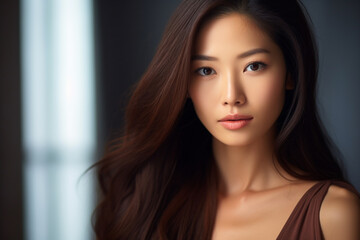 Naklejka premium Portrait of a smiling young Asian woman with good health glowing skin and positivity standing and looking at the camera.