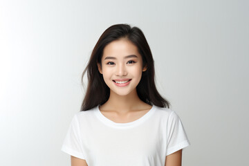 Portrait of a smiling Asian woman wearing a t-shirt with standing and looking at the camera. Face of healthy woman, Lifestyle portrait photography.