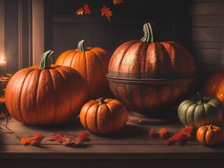 Halloween pumpkins on a rustic wooden table for festive display