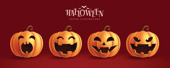 Halloween pumpkin vector set design. Halloween orange pumpkins and squash collection with spooky, scary and horror facial expression in red background. Vector illustration pumpkins elements collection