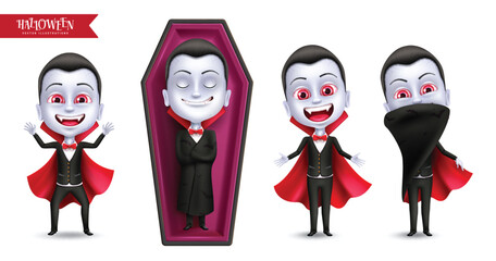 Halloween dracula characters vector set design. Halloween vampire character wearing cape and robe sleeping in coffin elements isolated in white background. Vector illustration dracula cartoon